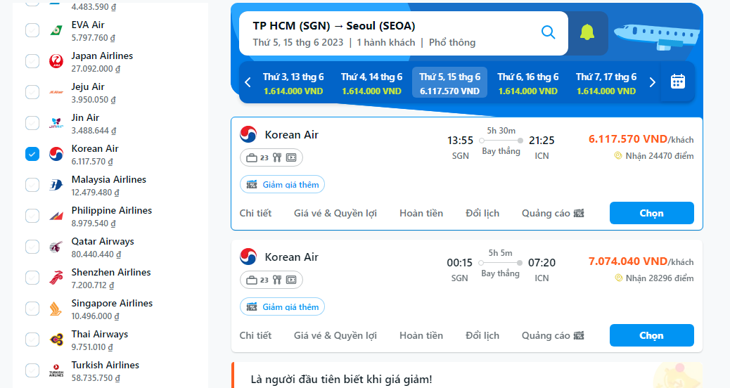 Giá vé máy bay của hãng hàng không Korean Air