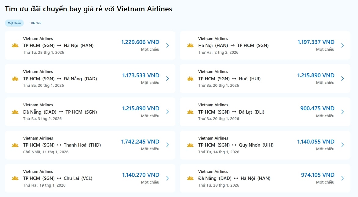 Các chặng bay nội địa của Vietnam Airlines trên Traveloka