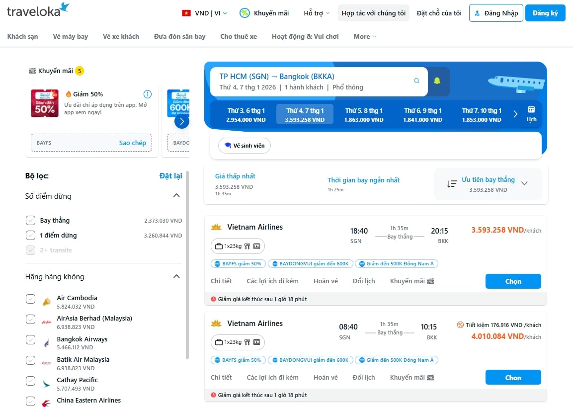 Các chặng bay quốc tế của Vietnam Airlines trên Traveloka